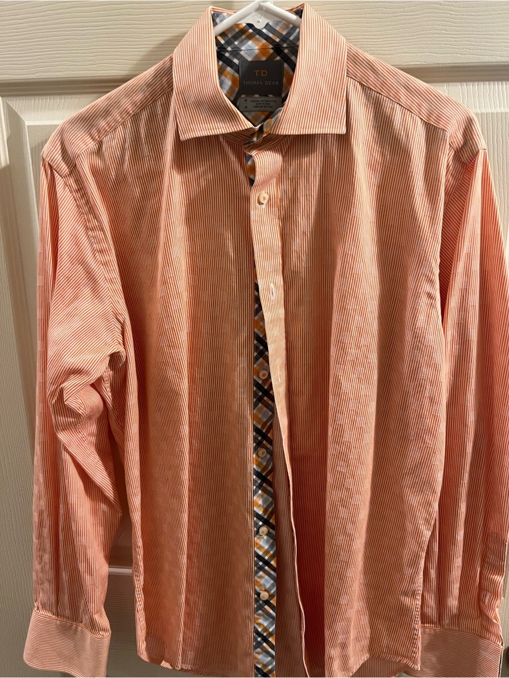 Thomas Dean Peach Striped Dress Shirt with Plaid Trim